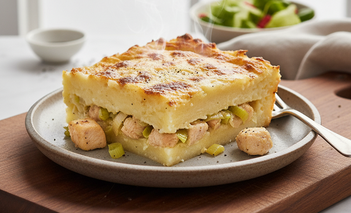 Pastel de patata con pollo y puerro