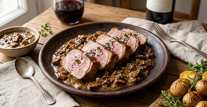 Presa ibérica asada con salsa de boletus